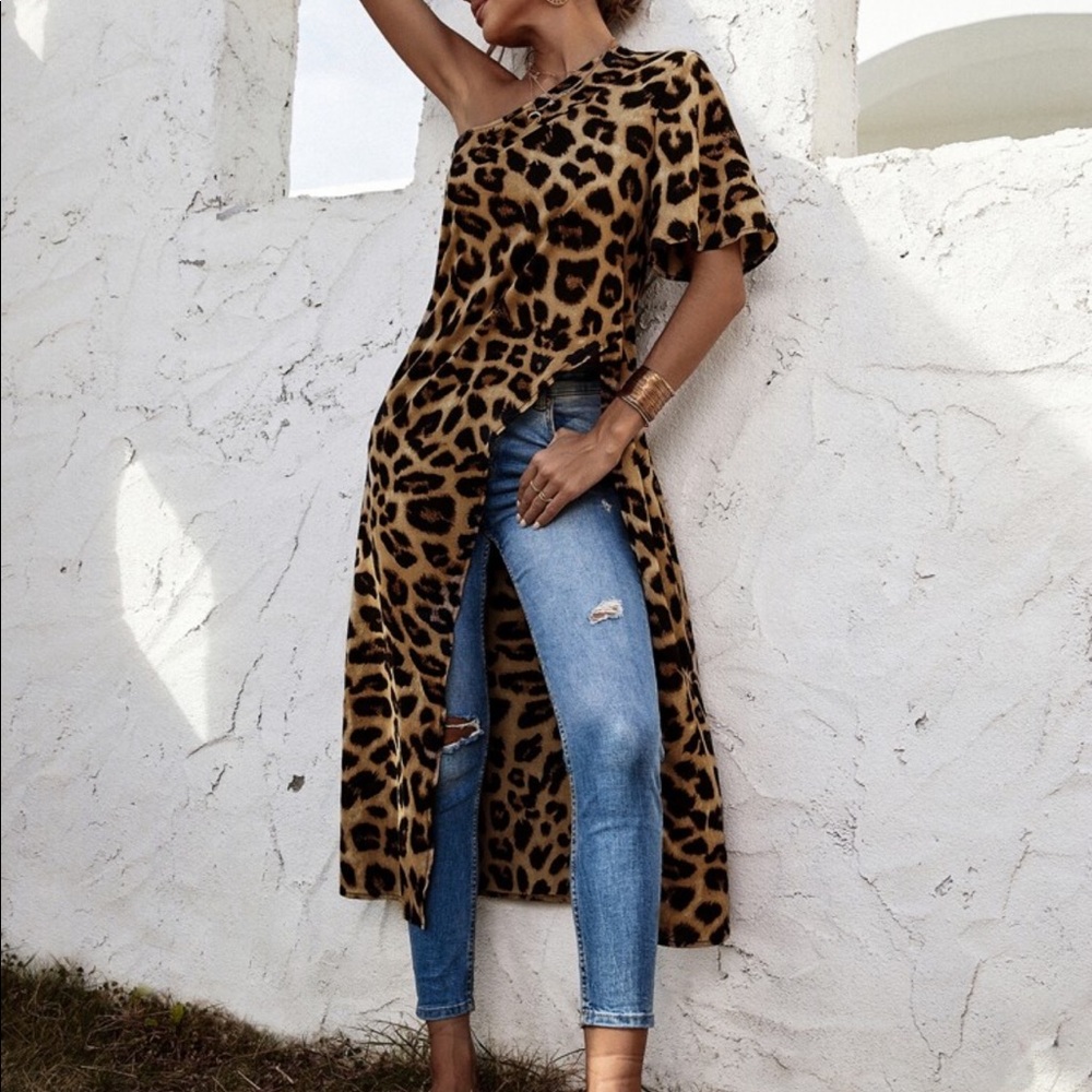 One Shoulder Leopard Print Asymmetrical High Low Tunic Top Blouse Shirt - Picture 1 of 7